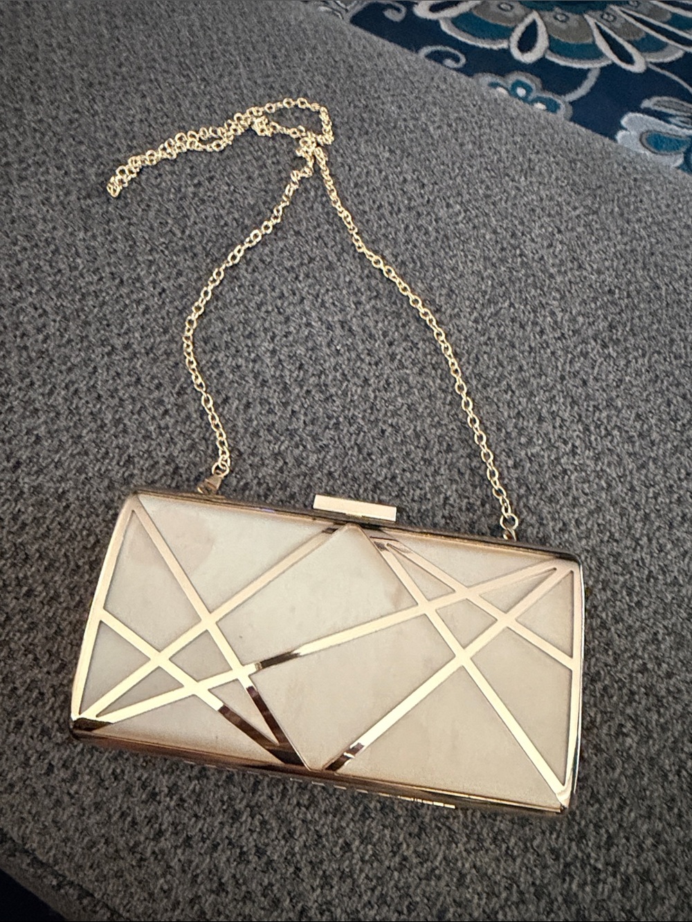 Gold-Trim Cream Geometric Clutch with Chain Strap